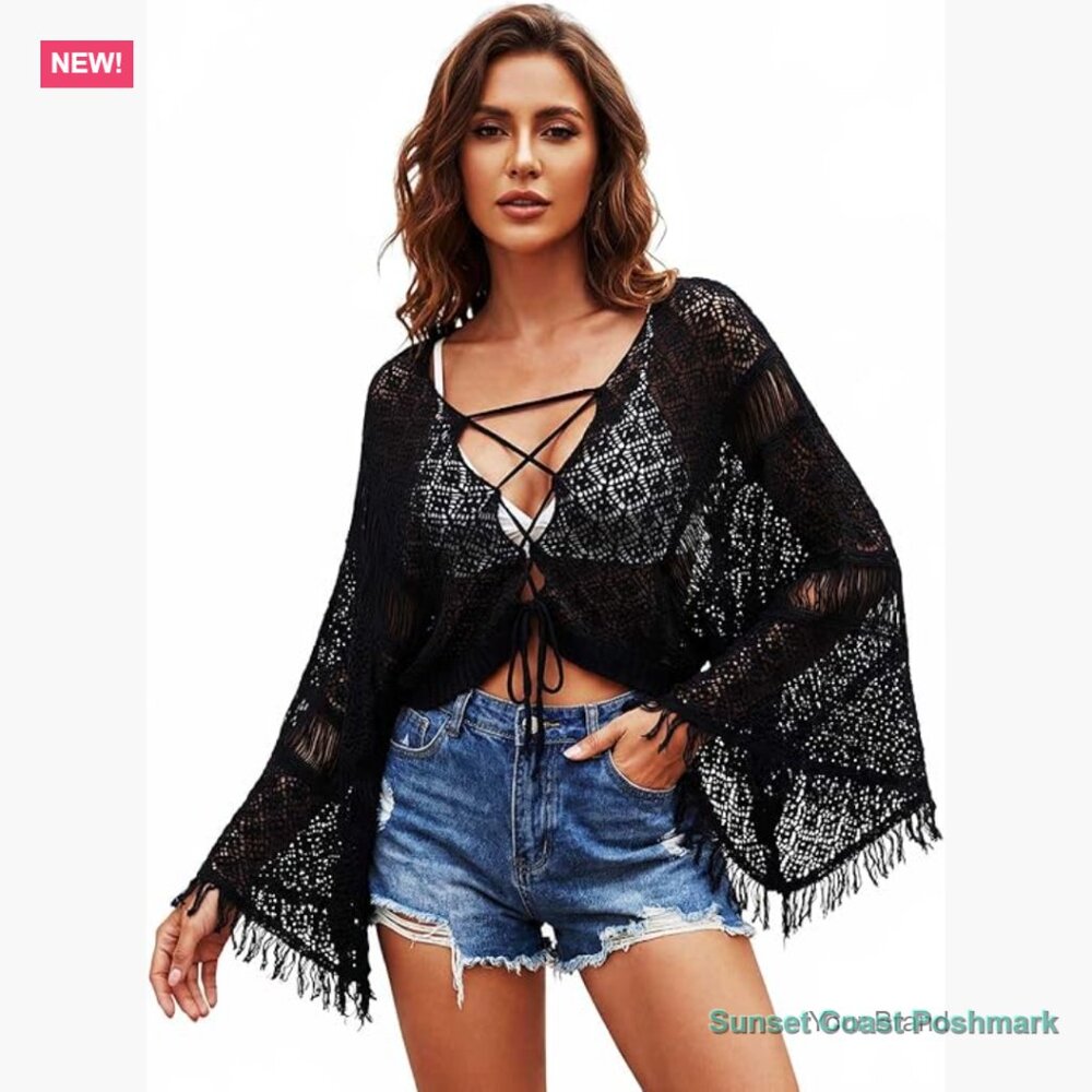 Crochet Cardigan Cover Up Long Sleeve Bohemian Beach Swimsuit Top
